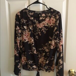 Tie-Hem Floral Blouse in Black with Pink Blooms